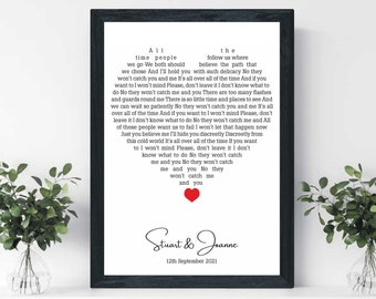 WEDDING SONG LYRICS, Record Lyric Print, Picture And First Dance Frame Wedding Song Gift, Custom Heart Shaped Song Lyrics Wall Art