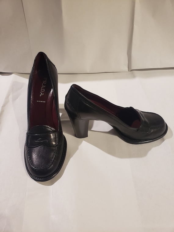 Vintage Prada Black Leather Penny Loafer with Bloc