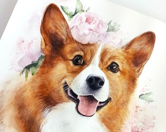 Personalized corgi custom portrait from photo - Dog watercolor handpainted drawing - Pet owner memory gift