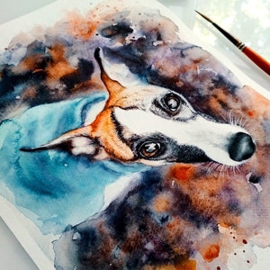 Ritratto di Whippet personalizzato da foto - Ritratto di cane commemorativo ad acquerello - Regalo originale per il proprietario di un animale domestico dipinto a mano