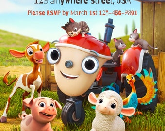 Puede incluir: Una invitación de cumpleaños con Otis el tractor del programa infantil "Putt, Puff, Puttedy Hay." La invitación es roja, blanca y azul y presenta un tractor de dibujos animados con una cara sonriente. La invitación también incluye el texto "Sunday March 3rd at 10am 123 anywhere street, USA Please RSVP by March 1st 123-456-7891."