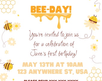 First BEE Day Party | First birthday party invitation for baby digital download customizable template