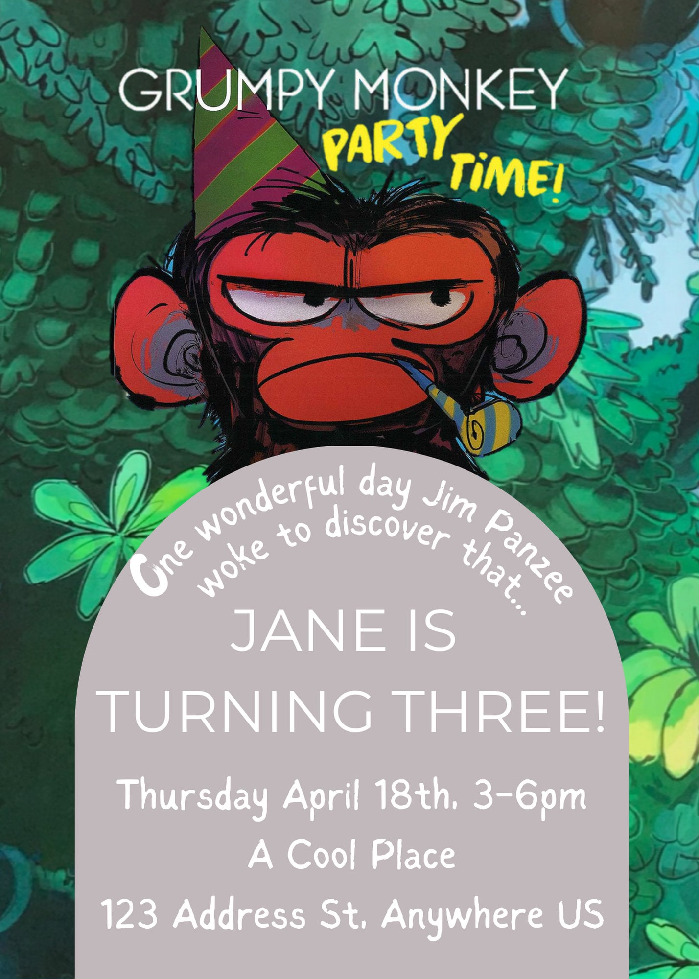 Grumpy Monkey Birthday Invitation Jim Panzee Woke to Discover YOUR NAME