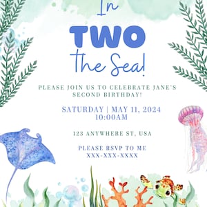 Faire-part d'anniversaire dans TWO la mer | Faire-part d'anniversaire pour tout-petit | Modèle personnalisable à téléchargement immédiat | Mer de Nemo dans l'océan