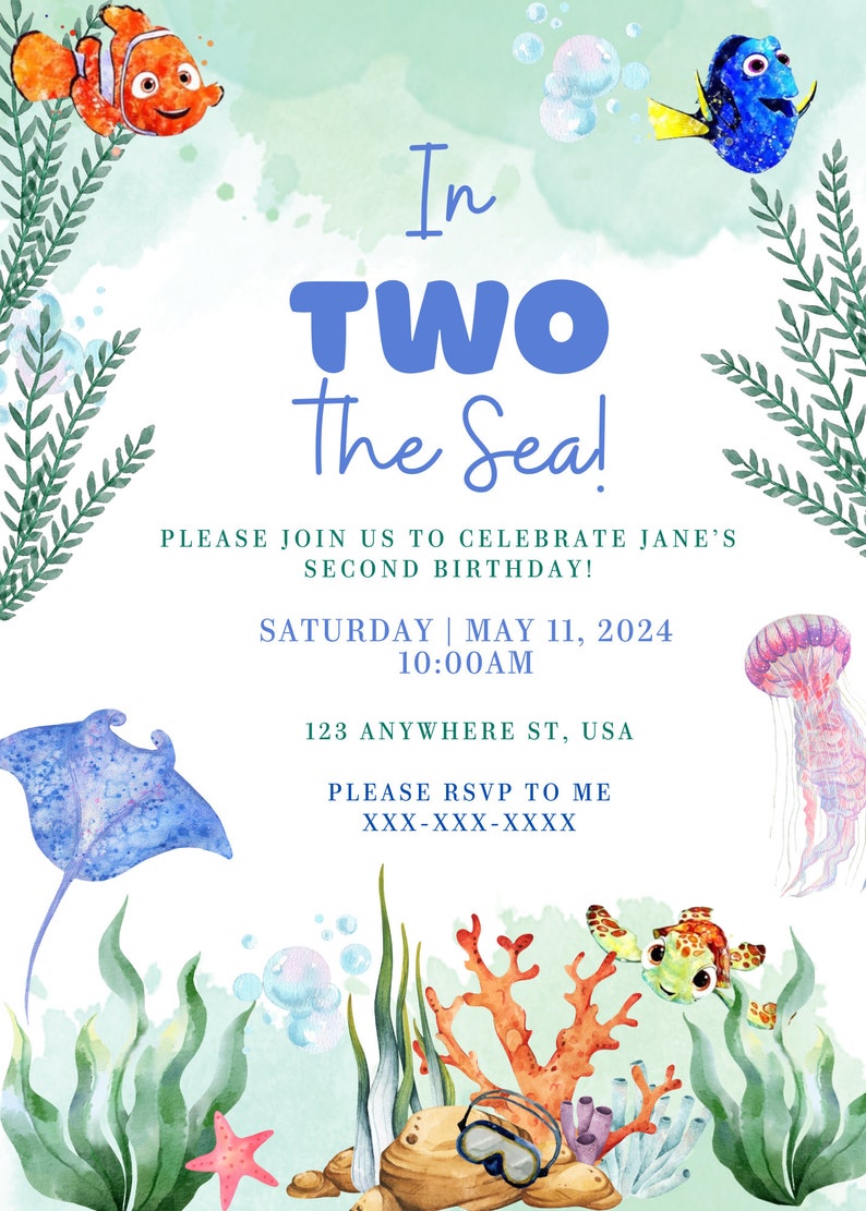 In TWO the sea birthday party invitation Toddler birthday invitation Instant download customizable template Ocean Finding Nemo Sea image 1