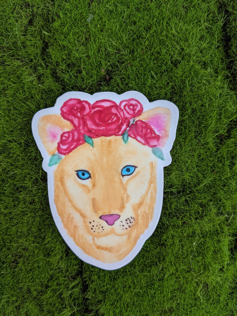 Watercolor Flower Crown Lioness Vinyl Sticker image 1