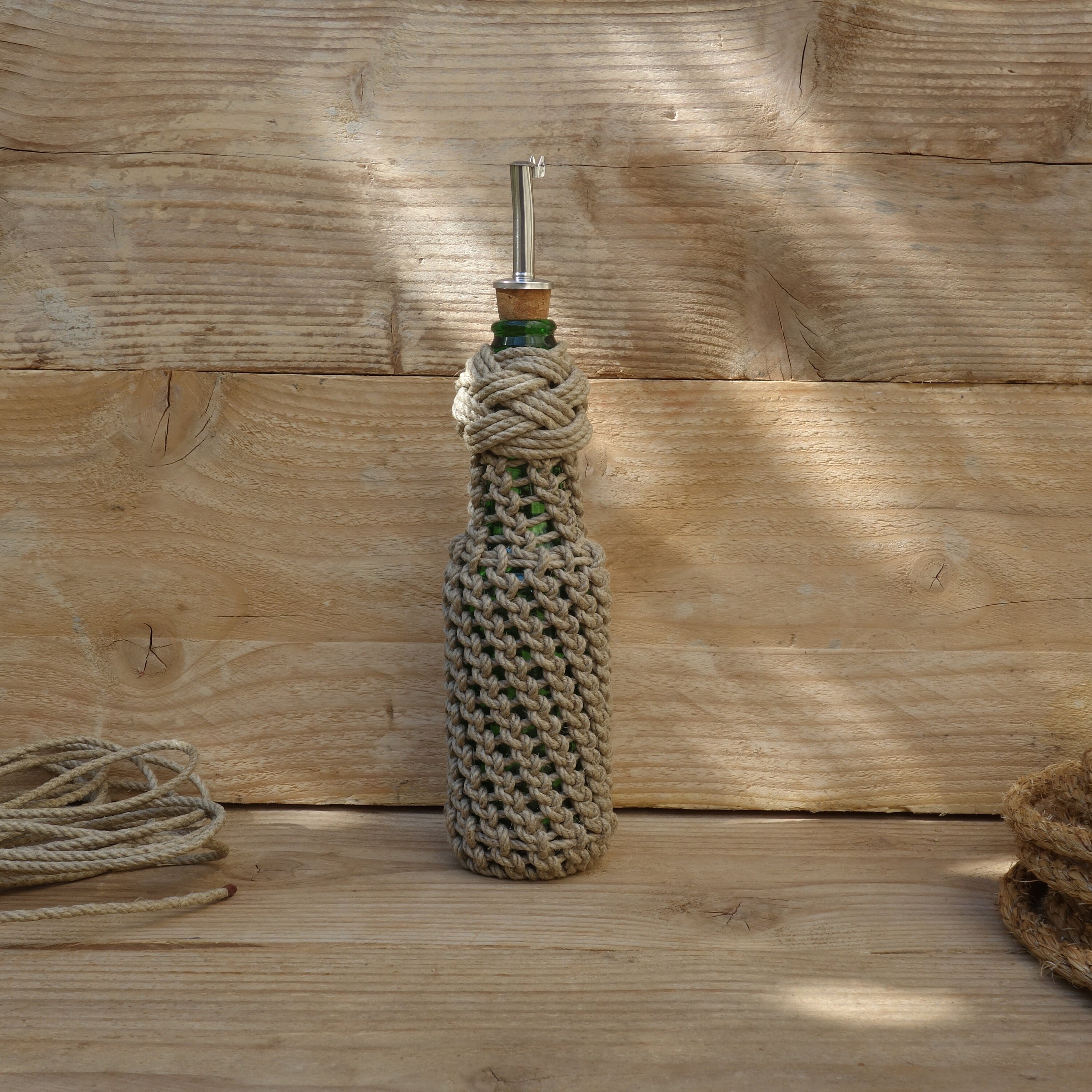 Bouteille Pour Huile en Verre 27.5Cl Décorée de Corde, Rustique, Vintage