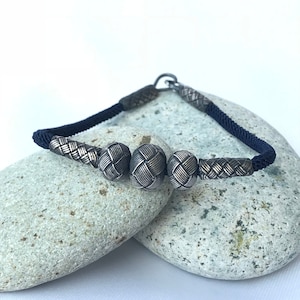Mens Bracelet,  Rope Barcelet for Men, Mens Jewelry, Silver Beads Cord Bracelet, Mens Armband, Unisex Silver Jewelry Chirstmas Gift for Him