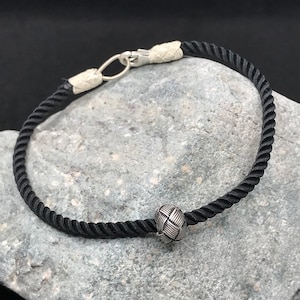 Mens Rope Bracelet, Black String Bracelet for Men, Mens Cord Bracelet, Silver Charm Bracelet for Men, Sterling Silver Rope Bracelet for Men