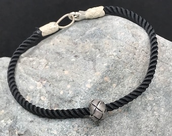 Mens Rope Bracelet, Black String Bracelet for Men, Mens Cord Bracelet, Silver Charm Bracelet for Men, Sterling Silver Rope Bracelet for Men