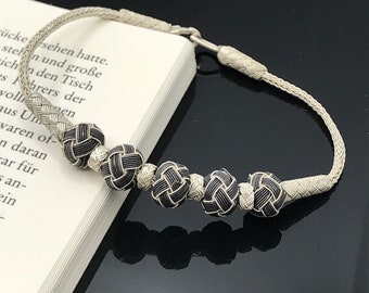 Bracciale con perline in argento da donna, bracciale intrecciato in argento da donna, bracciale con perline in argento, bracciale in argento bicolore, regalo di Natale per lei