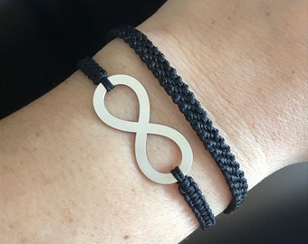 Sterling Silver Infinity Bracelet Set, Infinity Braided Bracelet, Infinity Bracelet Set of 2, Black Braided Bracelet, Braided Bracelet Set