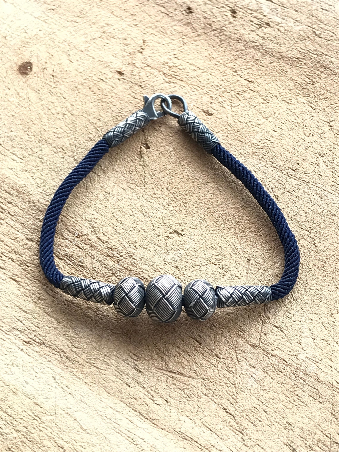 Black Paracord with Woven Silver Beads Bracelet Sterling Etsy