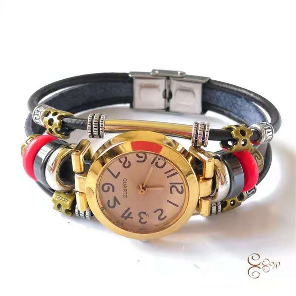 Stainless steel leather vintage Bracelet quartz Watch