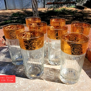 CULVER TYROL 22k Highball Tumbler Gold Band MCM Flowers Scrolls Lines Wedding Gift Exellent Condition Culver New York  - Set of 8