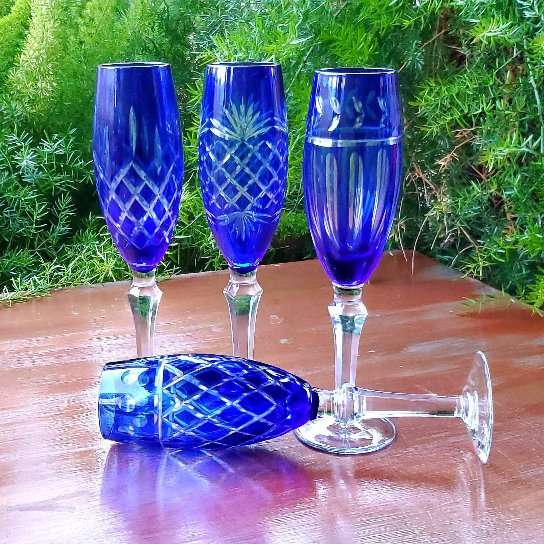 Vintage True Cobalt Pillar Stem Champagne Flutes- Set of 8