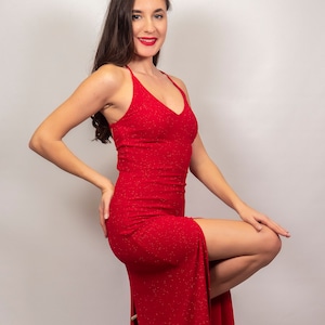 Chique Dancewear Aphrodite - Crossed Sexy Back Shiny Red Tango Dress, Show Dress, Party Dress