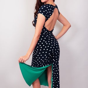 Chique Dancewear Kylee White Dotted Navy Blue & Green Reversible Tango Dress