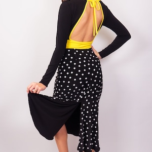 Chique Dancewear Evelyn Abito da tango reversibile nero e nero punteggiato bianco / Abito reversibile