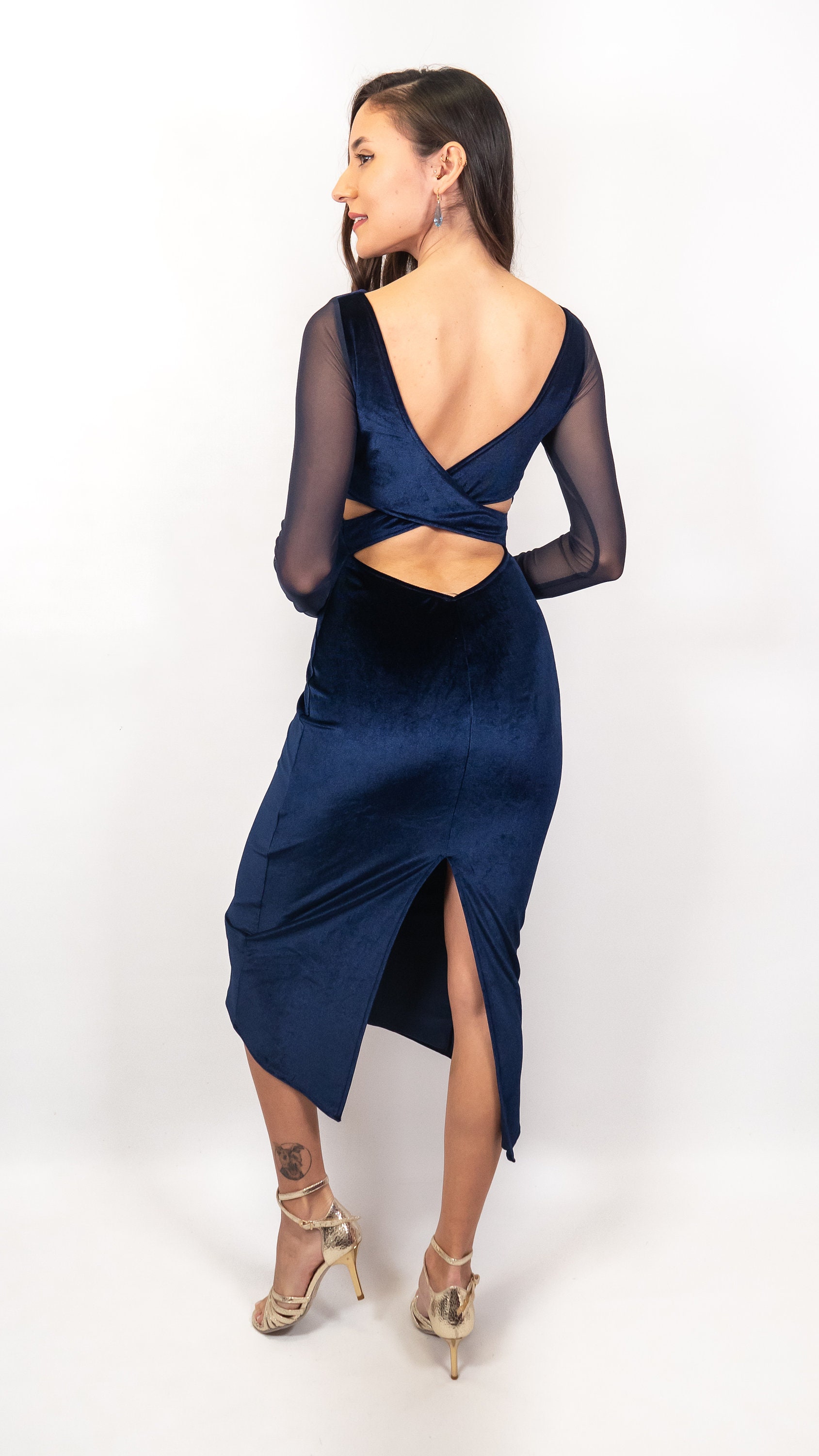 Chique Dancewear - Julia Navy Blue Velvet Dress with Mesh Arms