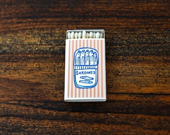 Blue Peach Striped Sardine Matchbox, Vintage Inspired Matches, Coastal Kitchen Decor, Quirky Candle Accessory