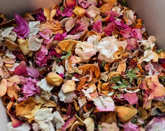 May include: A collection of dried flower petals in a variety of colors including vibrant magenta, soft pink, muted orange, golden yellow, and off-white. The petals are scattered together in a dense, mixed arrangement with varied textures.