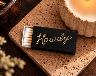 Howdy Matchbox, Western Cowboy Matches, Gold Foil Rope Lettering, Candle Accessory