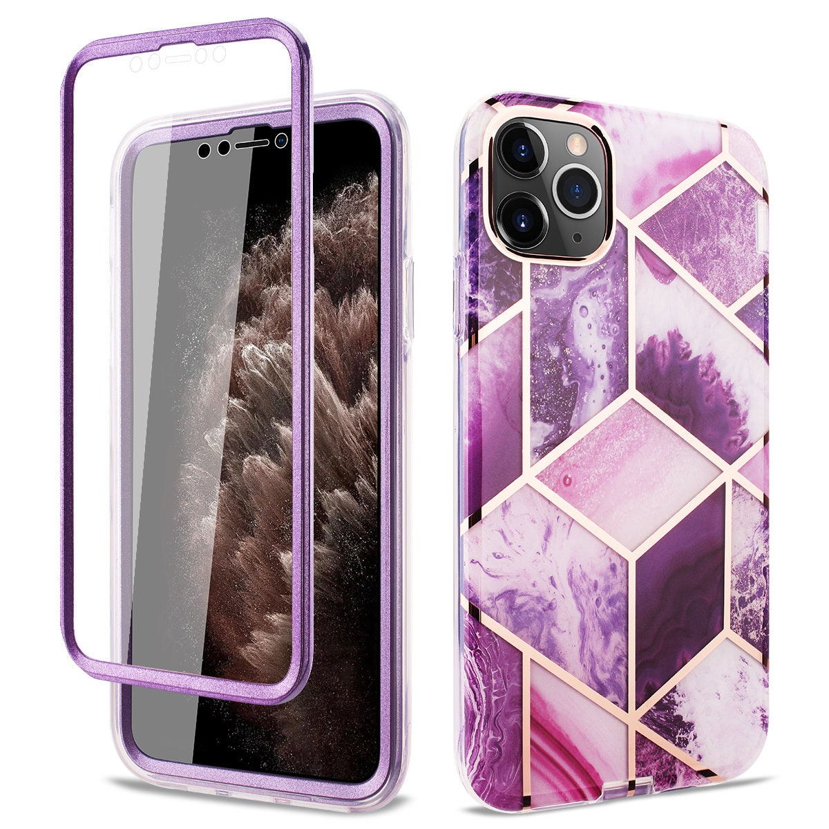 Iphone 11, Iphone 11 Pro &  Iphone 11 Pro Max Coque Marble Pattern Premium Quality Full Cover With Built It Screen Protector Fk-80688-0