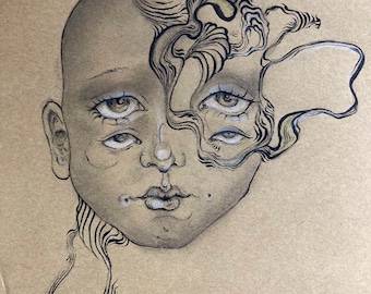 May include: A black and white line drawing of a person's face with multiple eyes and a swirling pattern on the forehead.