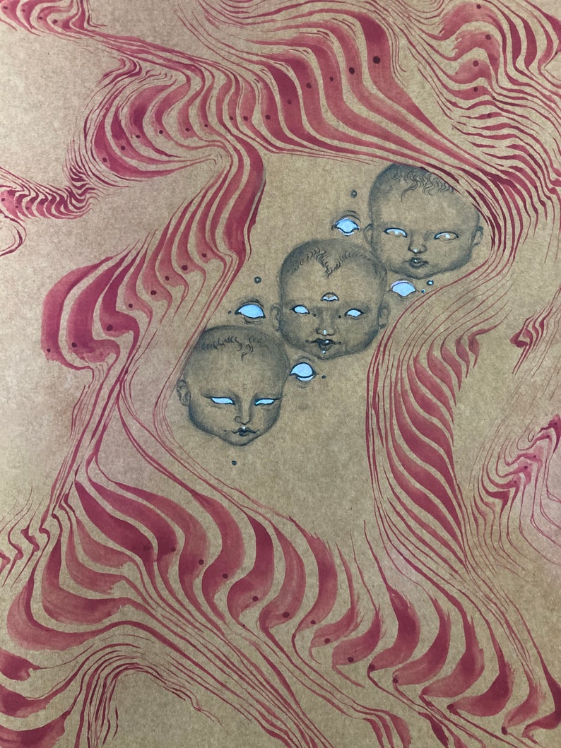 May include: A watercolour painting of four faces with multiple eyes, set against a background of swirling red lines.