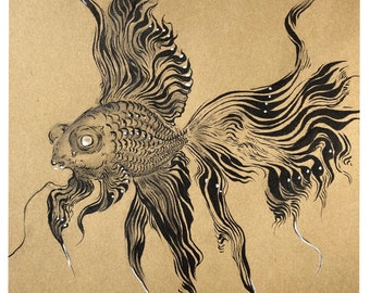金魚の絵 | 金魚の壁アート | インクのイラスト | 海洋アートの