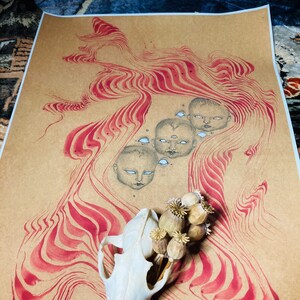 May include: A brown paper background with red and white wavy lines. There are four small faces drawn in the top right corner of the image. A white animal skull and a bunch of dried poppy pods are in the bottom left corner of the image.