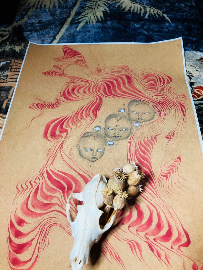 May include: A brown paper background with red and white wavy lines. There are four small faces drawn in the top right corner of the image. A white animal skull and a bunch of dried poppy pods are in the bottom left corner of the image.