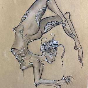 May include: A black and white ink drawing of a person contorted in a yoga pose. The person has long, flowing hair and is wearing a simple outfit. The drawing is done on a brown paper background.