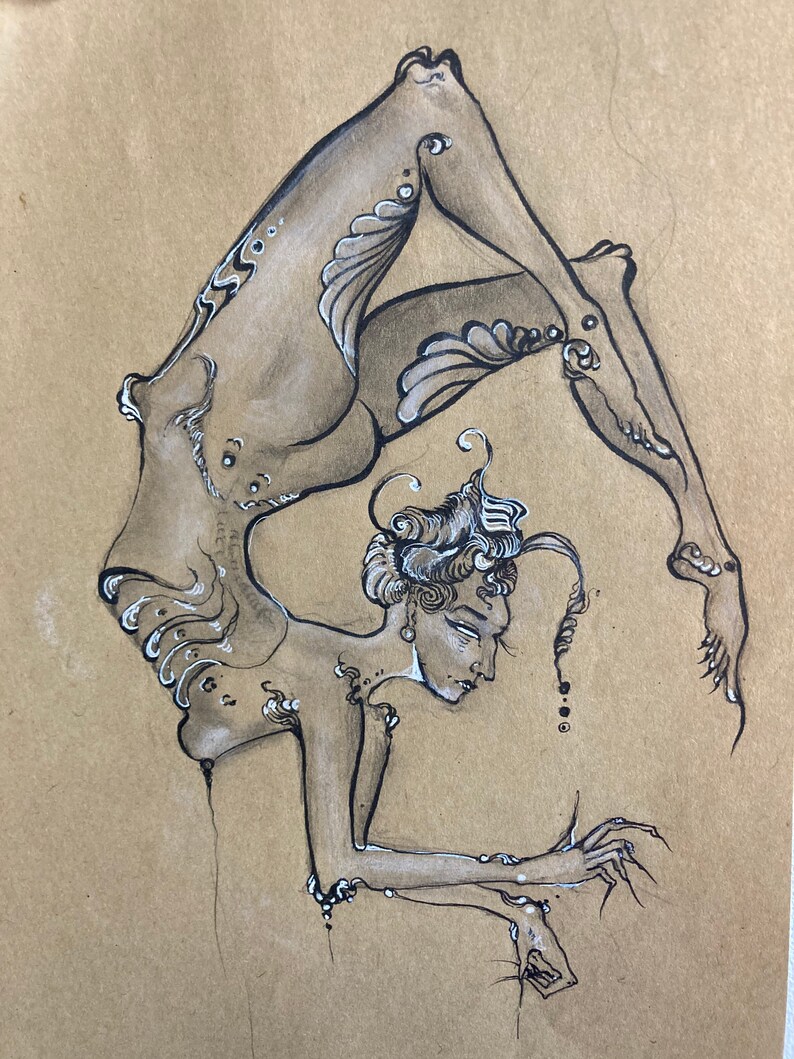 May include: A black and white ink drawing of a person contorted in a yoga pose. The person has long, flowing hair and is wearing a simple outfit. The drawing is done on a brown paper background.