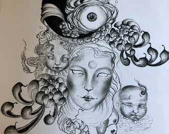 May include: A black and white drawing of a woman's face with a third eye, surrounded by flowers and other abstract shapes.