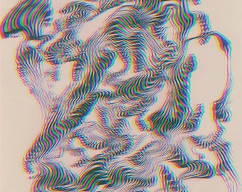 May include: Abstract digital art with swirling lines in shades of blue, green, pink, and black on a light beige background.