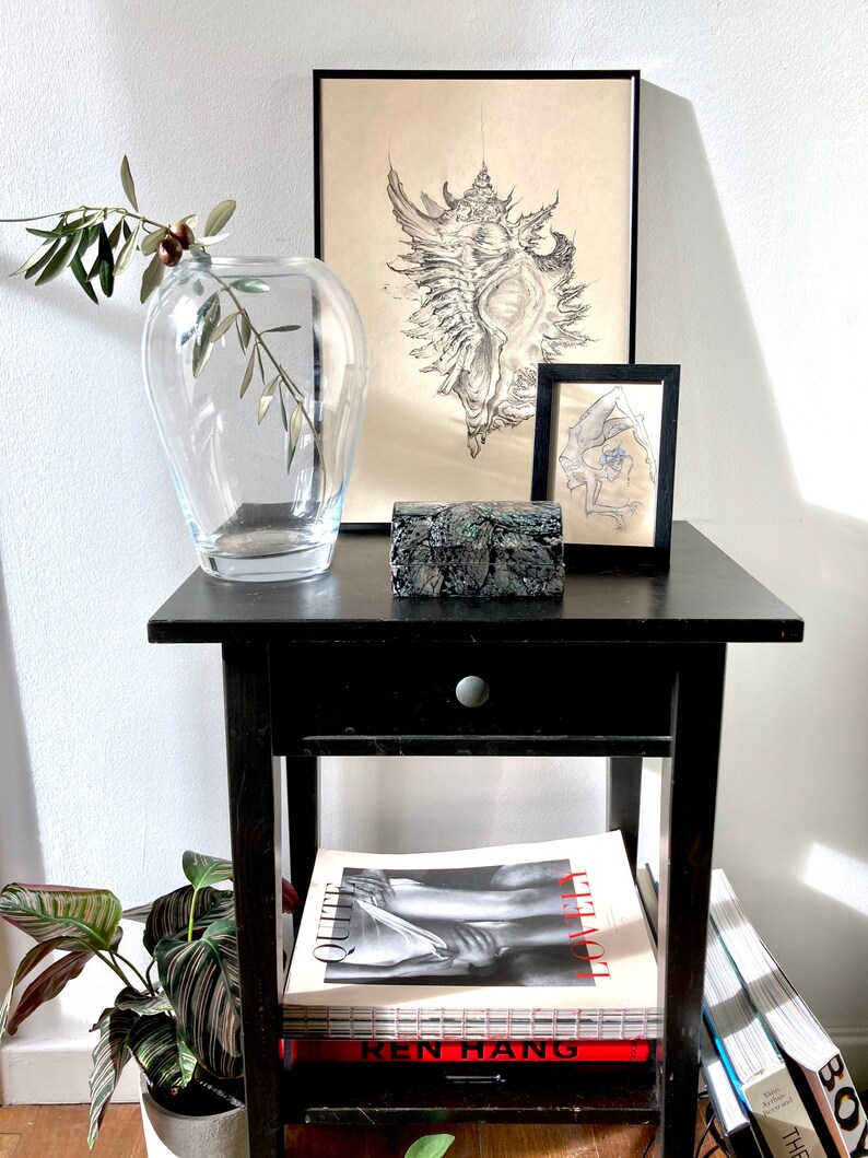 May include: A black side table with a drawer, a small black picture frame, a black and white drawing of a seashell, a clear glass vase with an olive branch, a small green and black box, and a stack of books with the titles "Quite Lovely" and "Ren Hang".