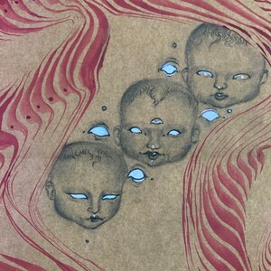 May include: A digital illustration of three faces with large eyes and a swirling red and brown background.