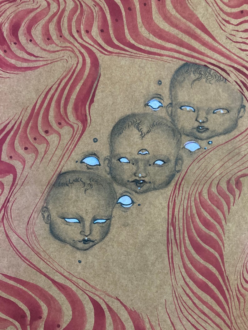 May include: A digital illustration of three faces with large eyes and a swirling red and brown background.