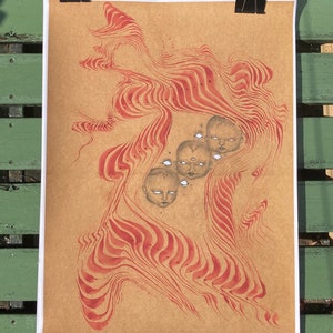 May include: A brown paper print with red lines and four stylised faces with white eyes. The faces are partially obscured by the red lines.