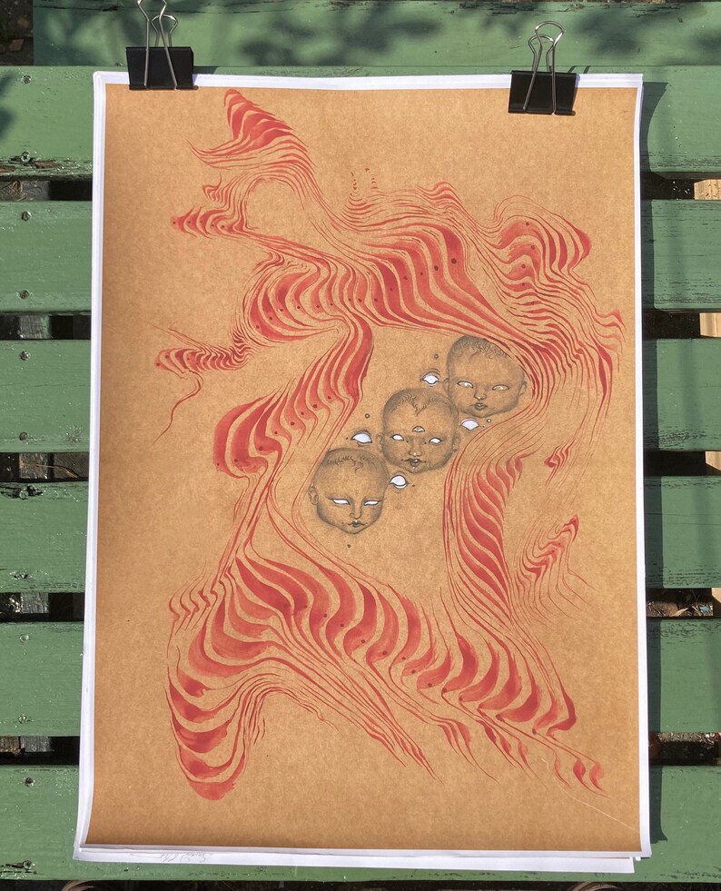 May include: A brown paper print with red lines and four stylised faces with white eyes. The faces are partially obscured by the red lines.