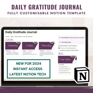 Laptop depicting our Notion template, showing the journal entries, sticky note and the stats.

Daily Gratitude Journal - Fully customisable Notion template.New for 2024, Instant access, Latest Notion Tech