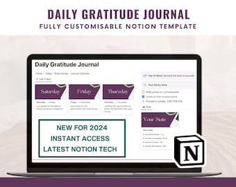 Digital Gratitude Journal - Notion Template 2024 - Personal Daily Template w/ Prompts + Affirmations - Mental Wellbeing + Positive Self Care