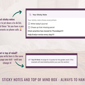 Showing our sticky note function that shows up everywhere within the template.
Also showing our Top of mind box which like the sticky note follows you around the template.  Whatever you write here won't change until you change it!