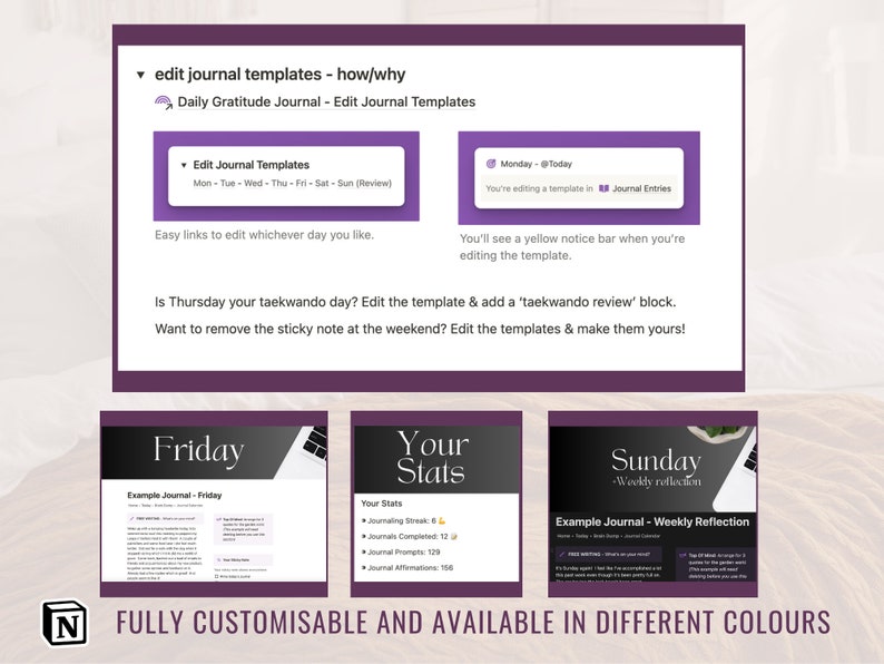 Image showing that you can edit your journal templates further if you want to.

And that we also offer this Notion template in a minimalist grey/black/white option.