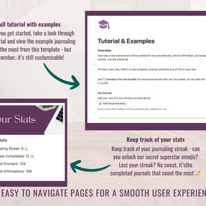 Image showing our extensive tutorial and digital journal examples. 

Also showing how our Notion template uses the latest Notion tech to show you stats such as your Journaling streak and how many days of jounaling you have completed.