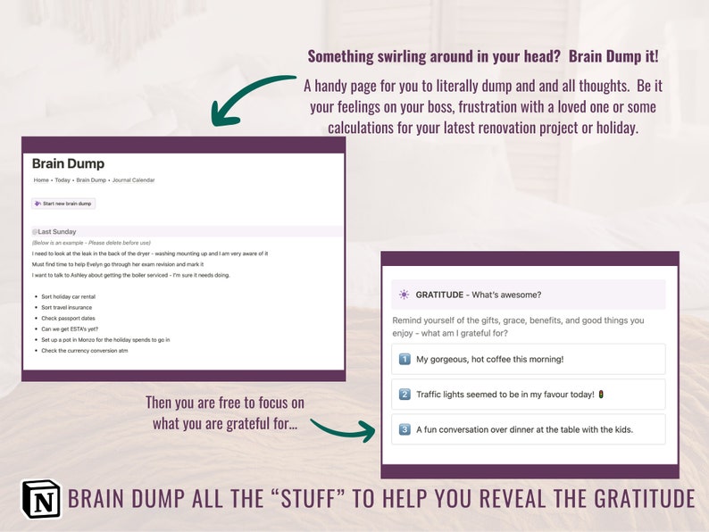 Showing our Brain Dump page for letting all those things swirling round your head out onto that digital "paper".