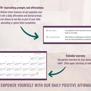 Image showing an example affirmation and journal prompt from our total combined amount of 270+ prompts and affirmations.

Also showing the calendar overview from all your journaling!