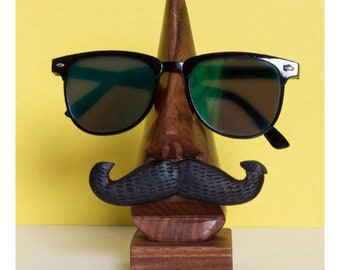 Handmade Wooden Nose Shaped Spectacle Or Eyeglass Holder Stand With Moustache For Your House And Beautiful Gift For Your Love Ones.